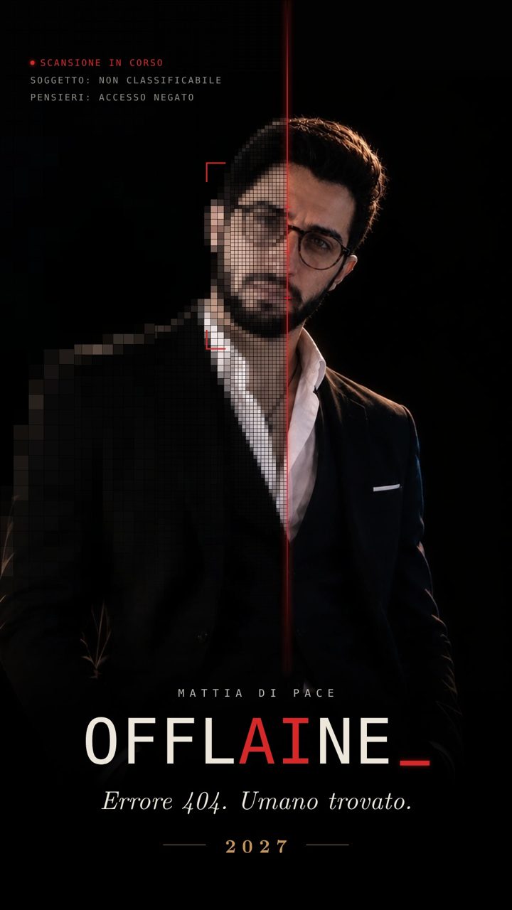 Manifesto di OFFLAINE: Mattia Di Pace scansionato da una linea rossa, con il titolo e il sottotitolo Errore 404. Umano trovato.